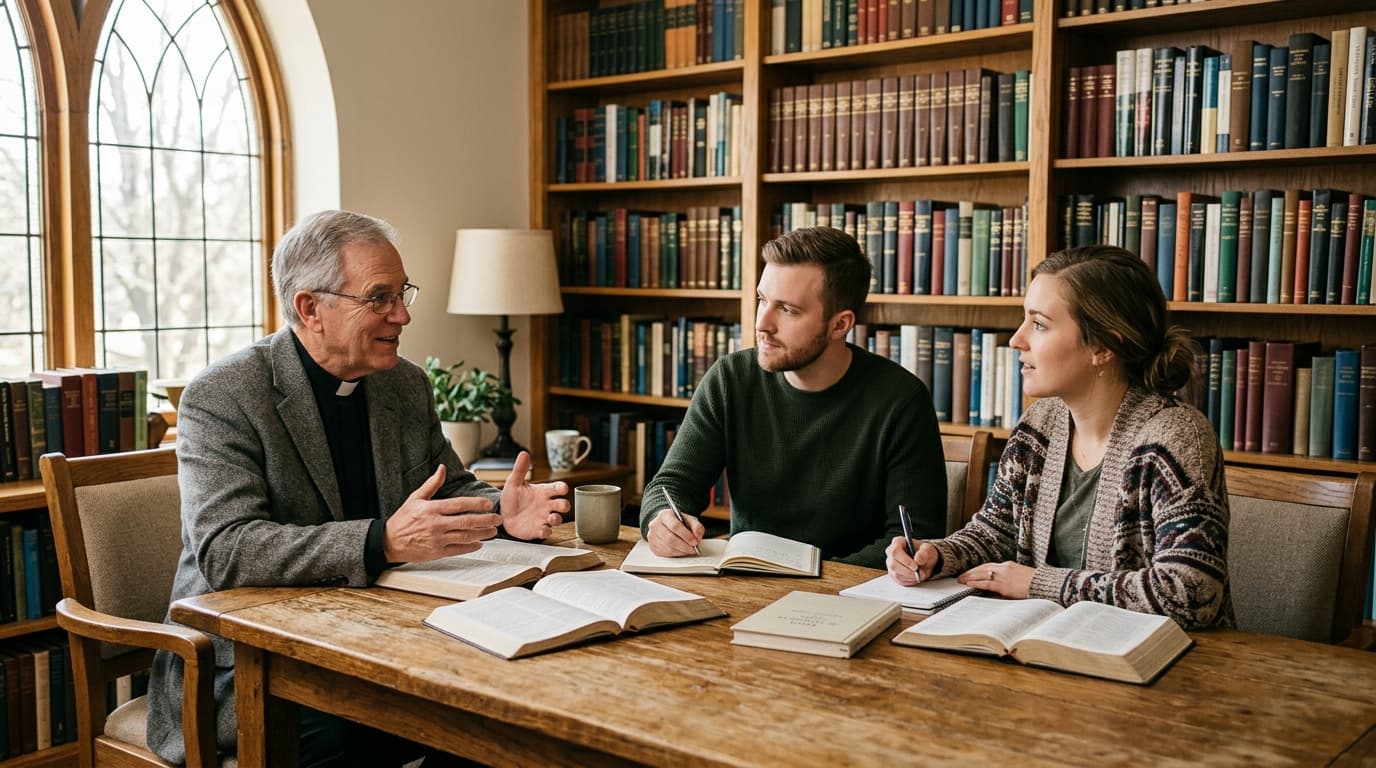 Liderança pastoral instruindo e equipando novos líderes na biblioteca eclesiástica