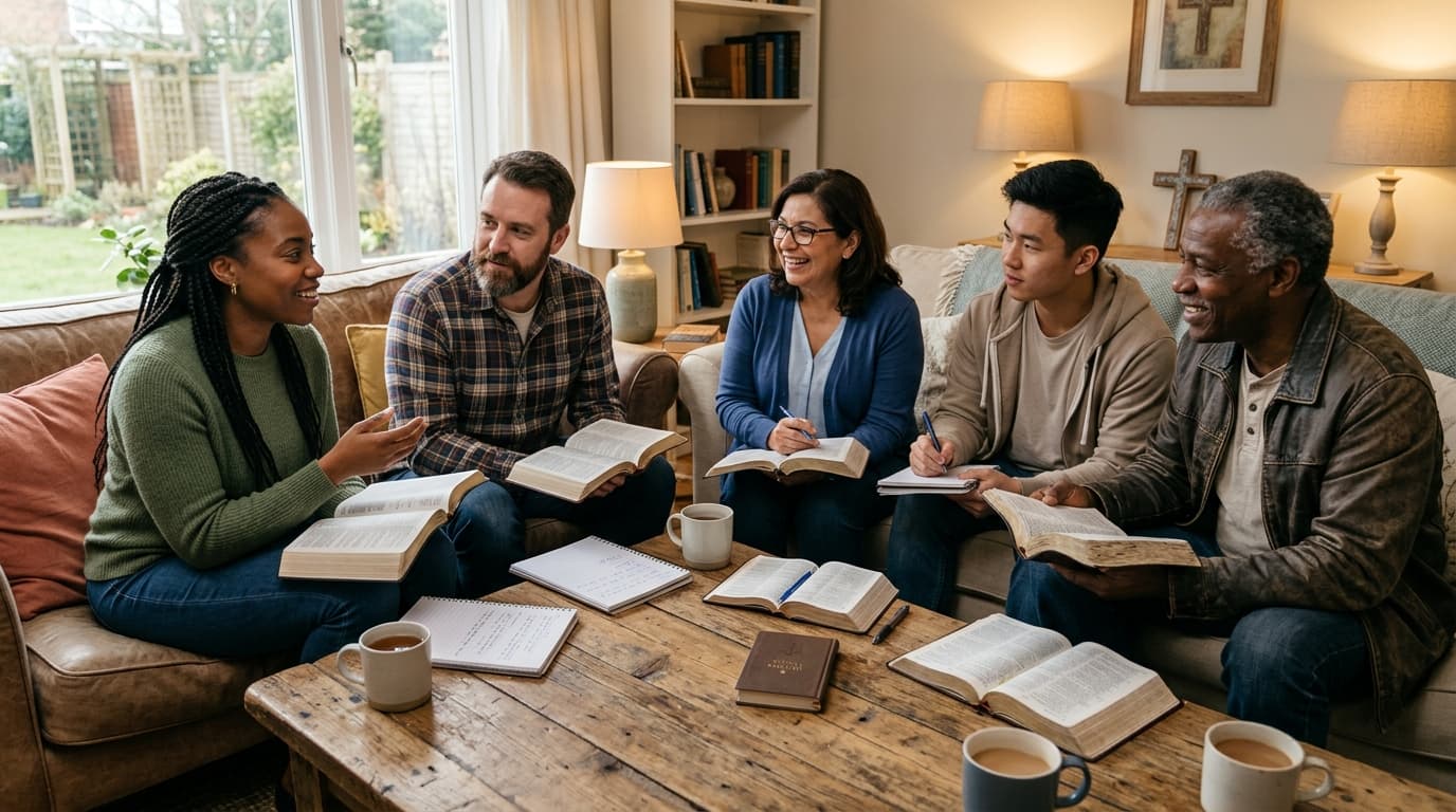 Pequeno grupo de discipulado bíblico reunido em comunhão, oração e estudo das Escrituras