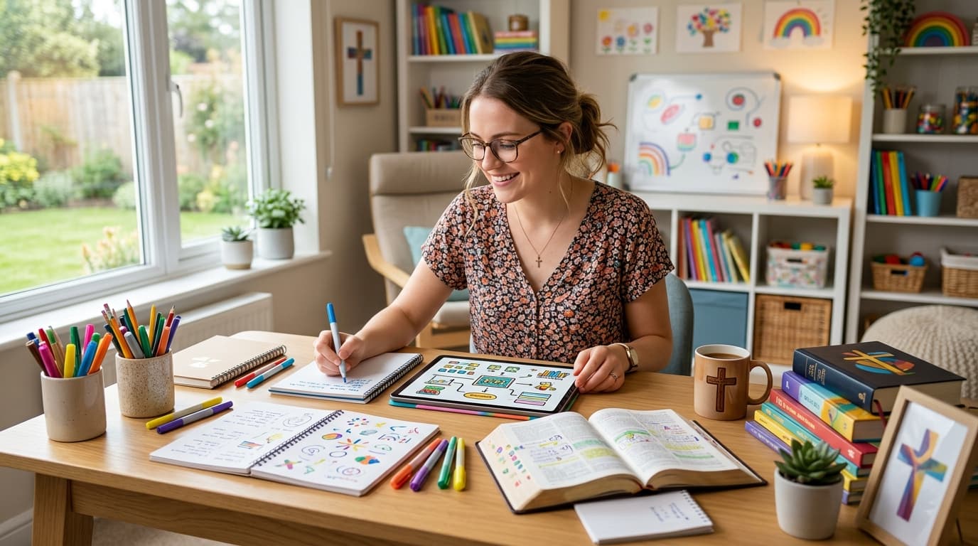 Educadora cristã estruturando planejamento didático e materiais da escola bíblica